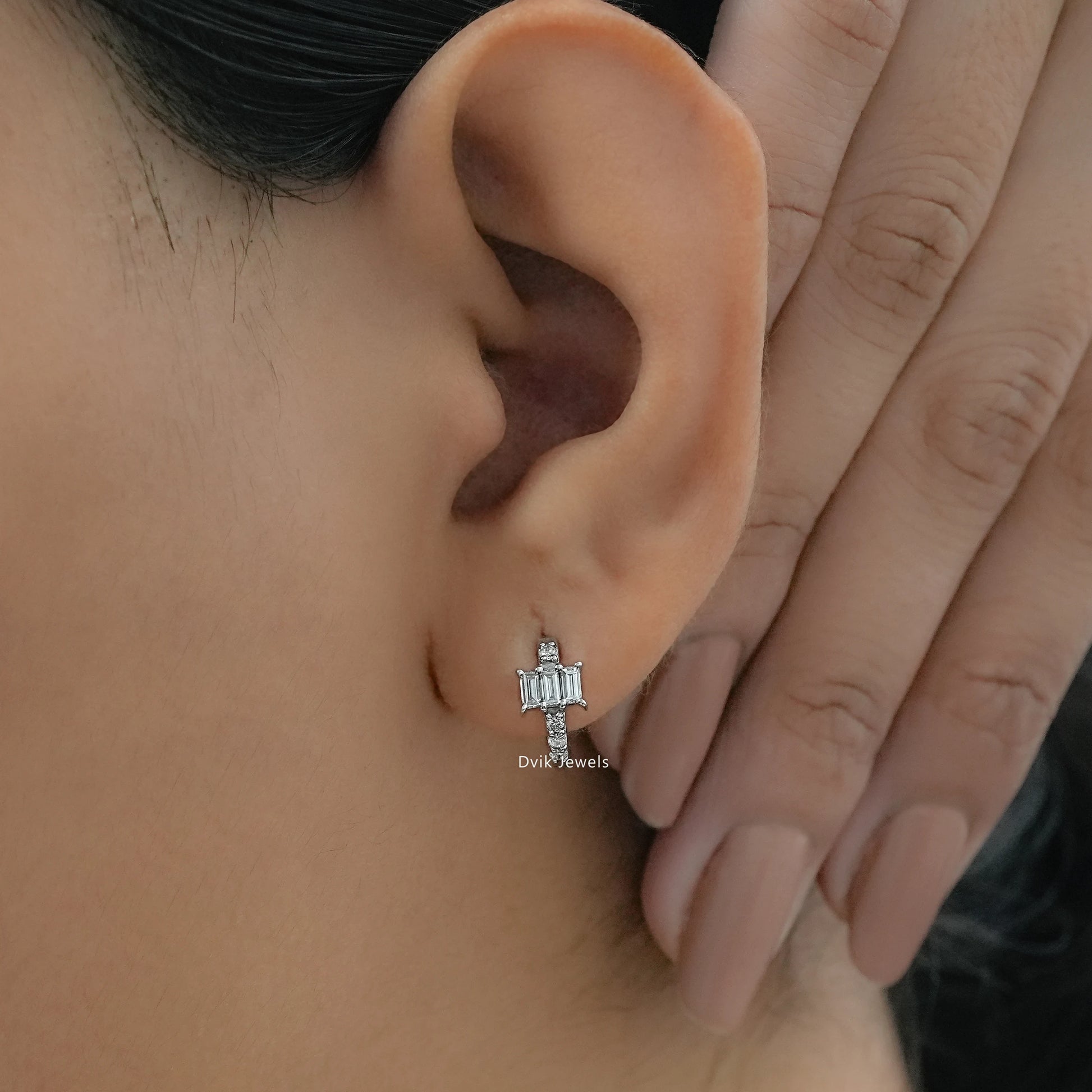 Baguette and Round Cut Lab Diamond Hoop Earrings Earrings