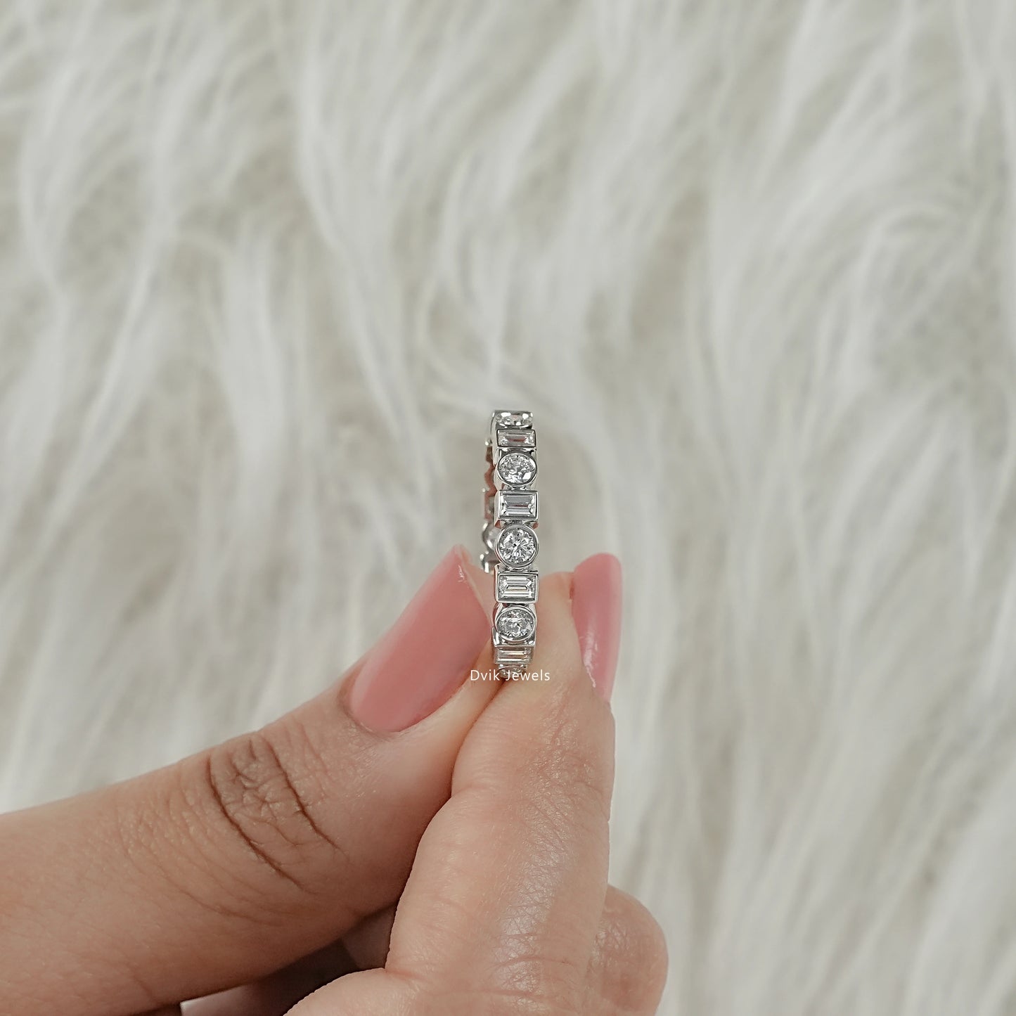 Bezel Set Round & Baguette Diamond Half Eternity Band