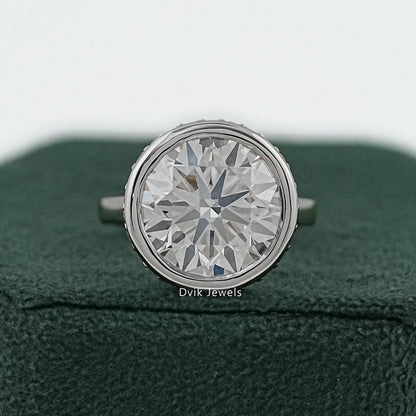Round Lab Diamond Bezel Set Hidden Halo Solitaire Ring Ring