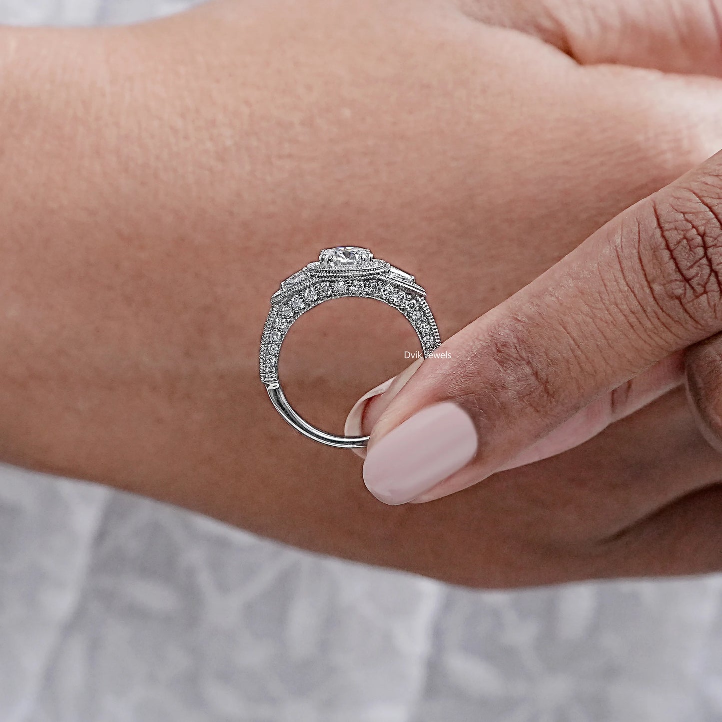 Milgrain Set Halo With Three Stone Engagement Ring