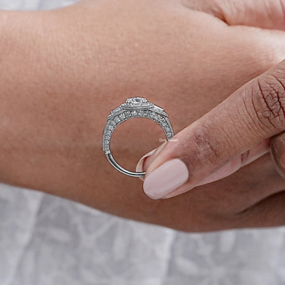 Milgrain Set Halo With Three Stone Engagement Ring