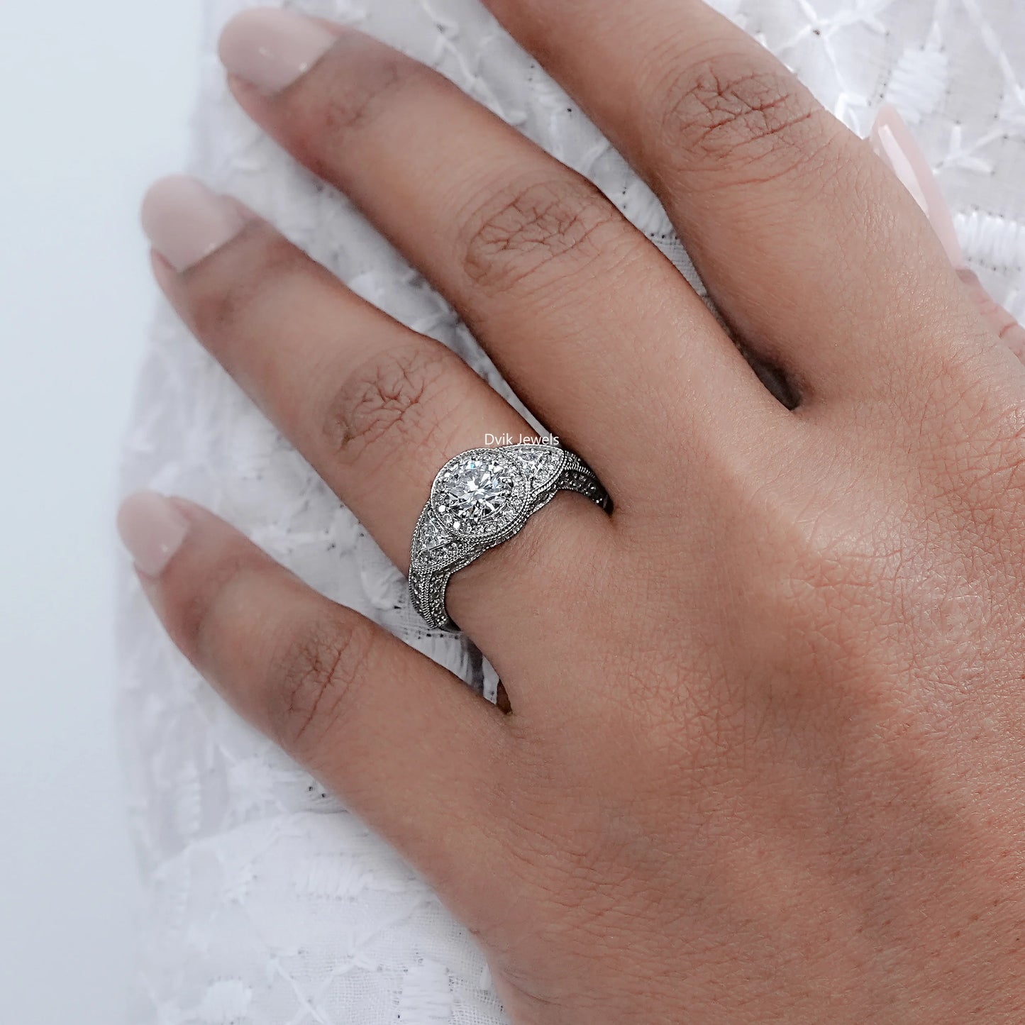 Milgrain Set Halo With Three Stone Engagement Ring