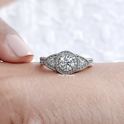 Milgrain Set Halo With Three Stone Engagement Ring