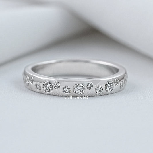 Round Cut Diamond Scattered Bezel Set Wedding Band
