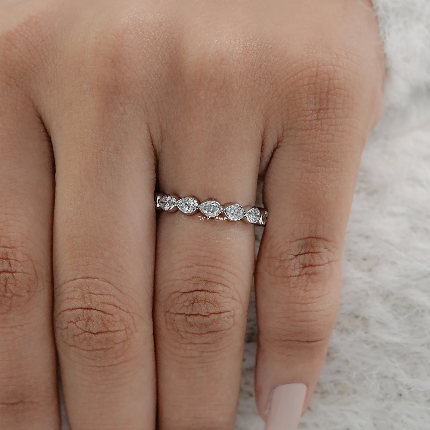 Bezel Set Pear Cut Lab Diamond Full Eternity Wedding Band