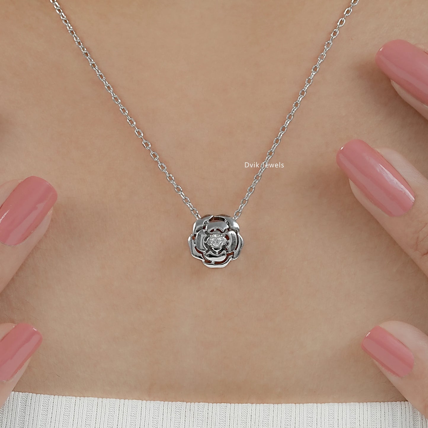 Round cut rose flower necklace worn by women on neck