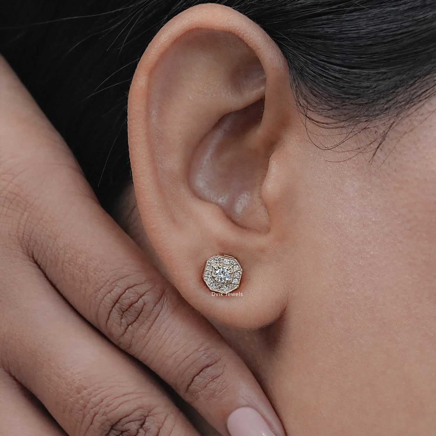 Octagon Shape Round Diamond Halo Stud