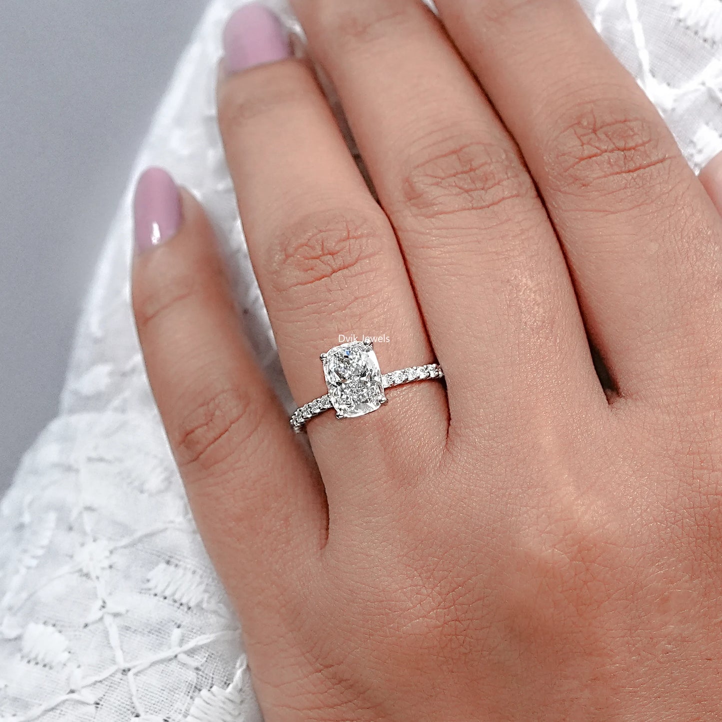 Lab Diamond Cushion Cut Solitaire Accent Ring