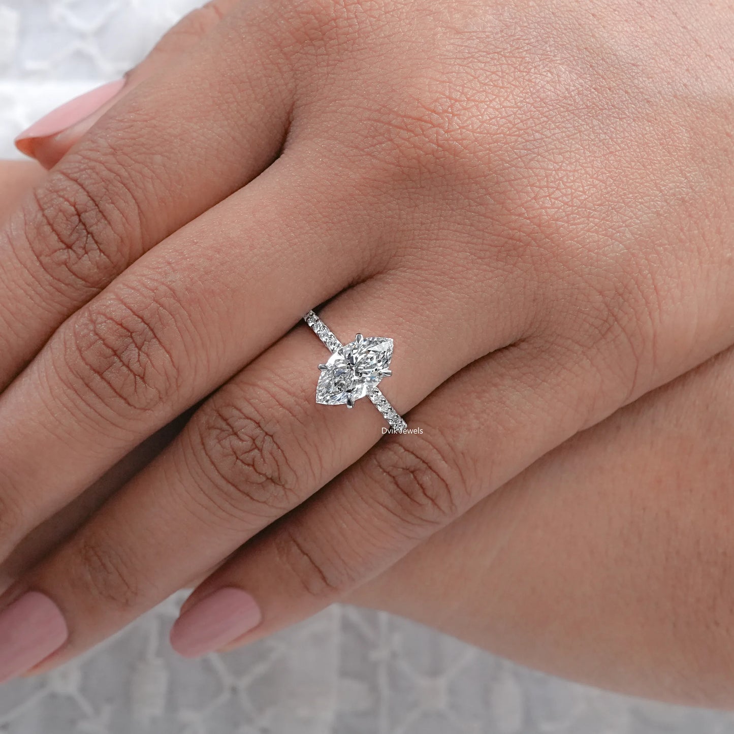 Marquise Cut Lab Grown Solitaire Accent Engagement Ring