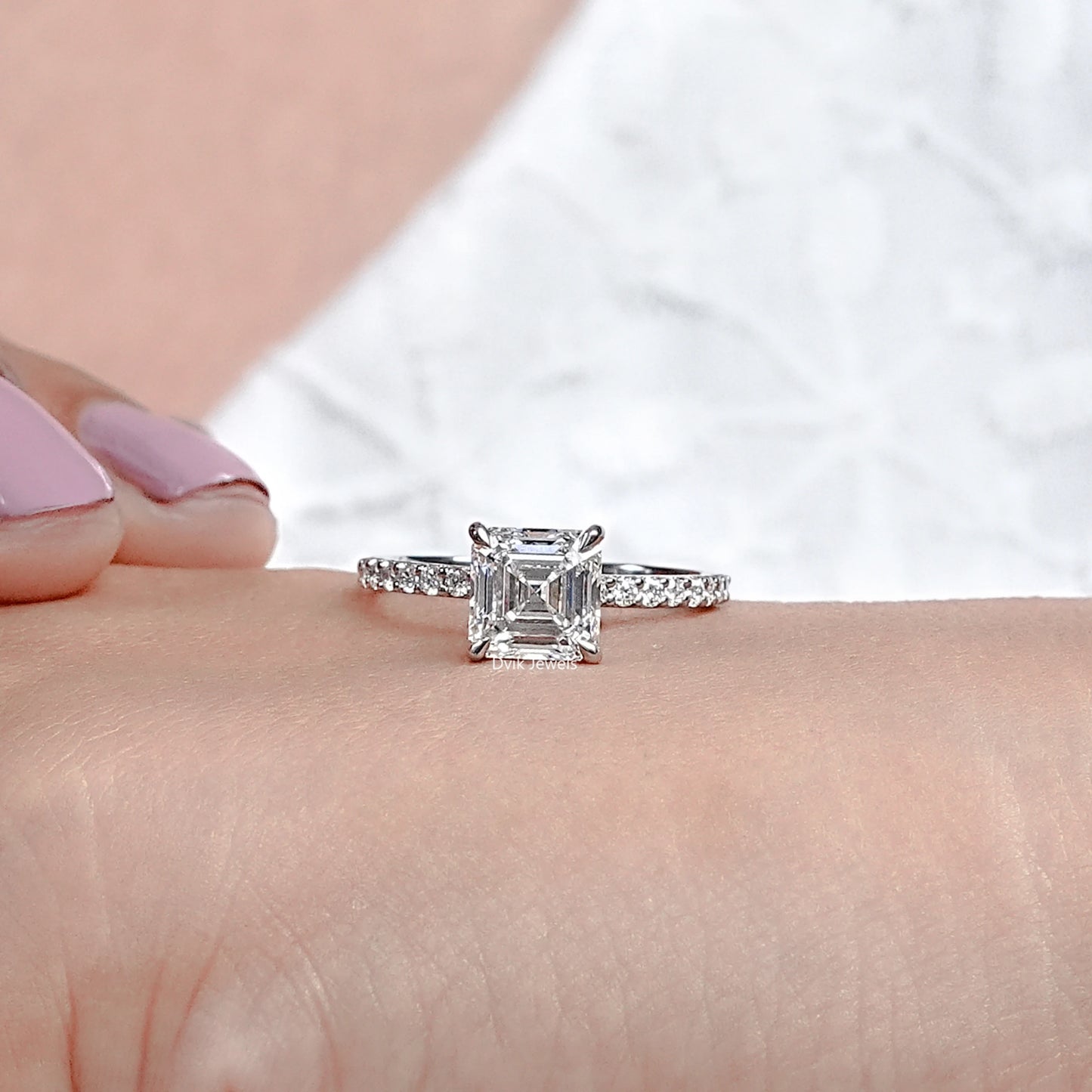 Square Emerald Cut Solitaire Accent Engagement Ring