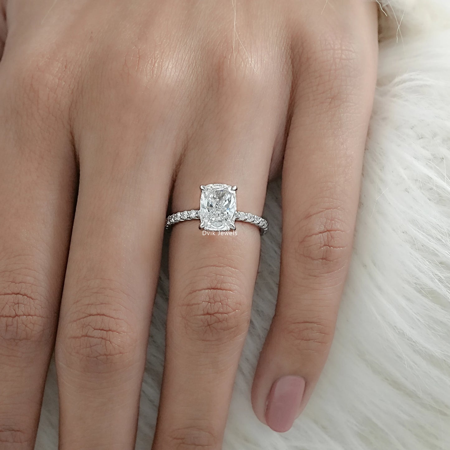 Cushion Cut Lab Diamond Engagement Ring With Pave Band