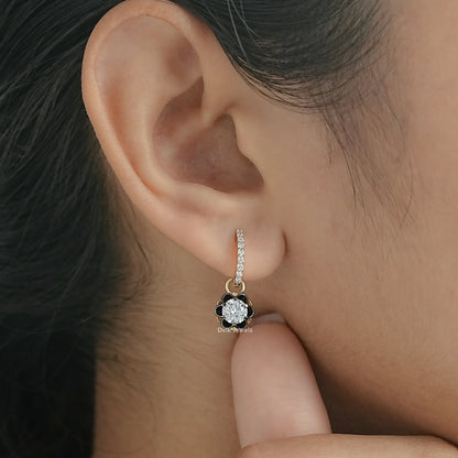 Floral Diamond Drop Earrings with Black Enamel Petals