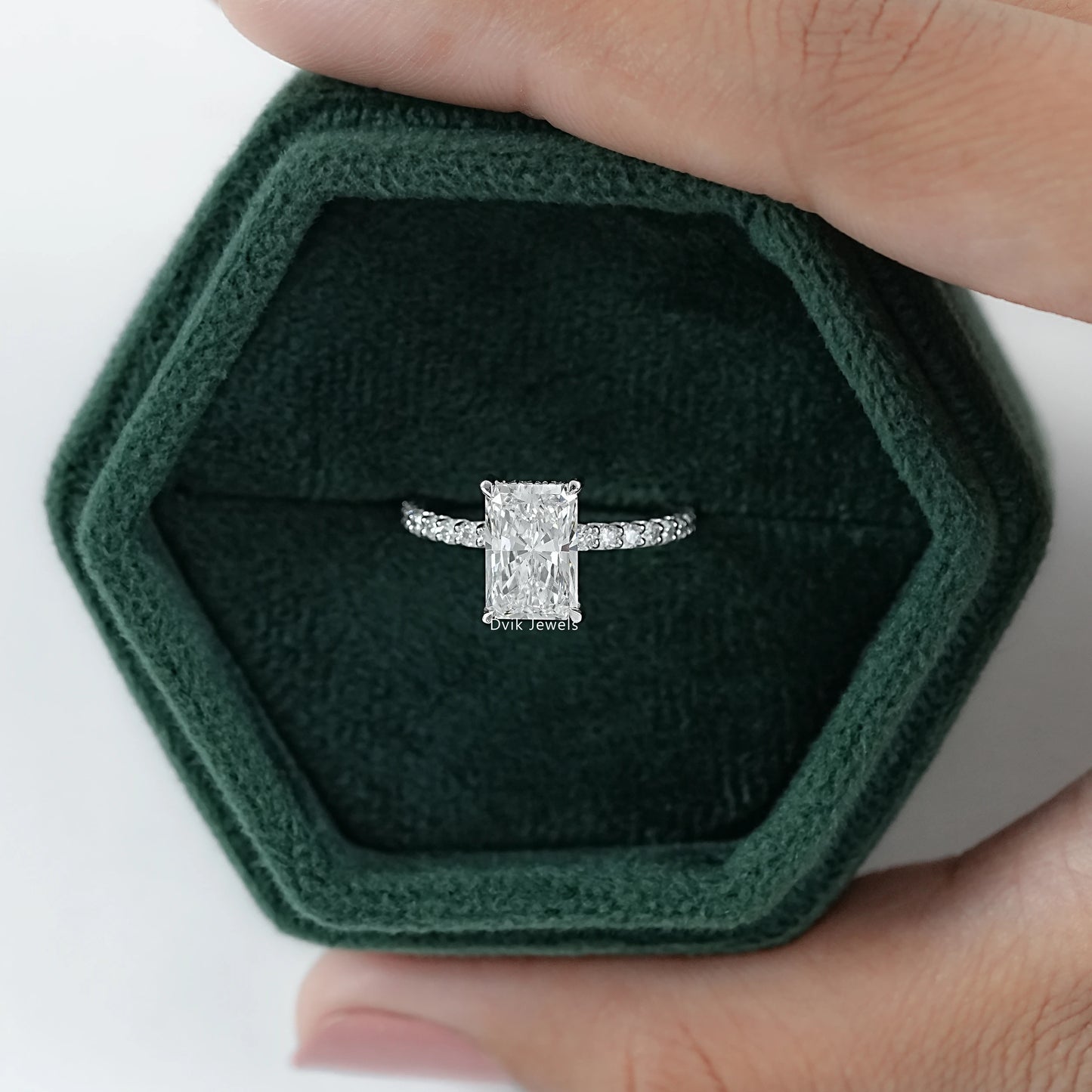 Radiant Cut Lab Diamond Hidden Halo Solitaire Accent Ring