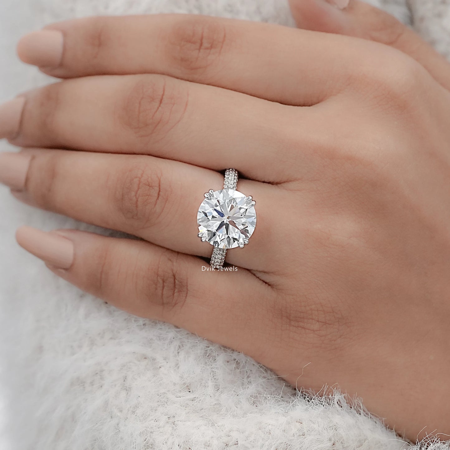 Round Cut Hidden Halo Engagement Ring with Pave Band
