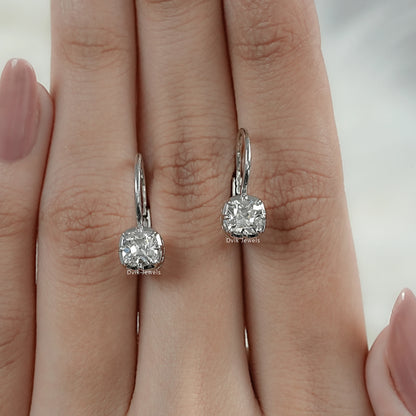 Old Mine Cut Square Cushion Diamond Leverback Earrings
