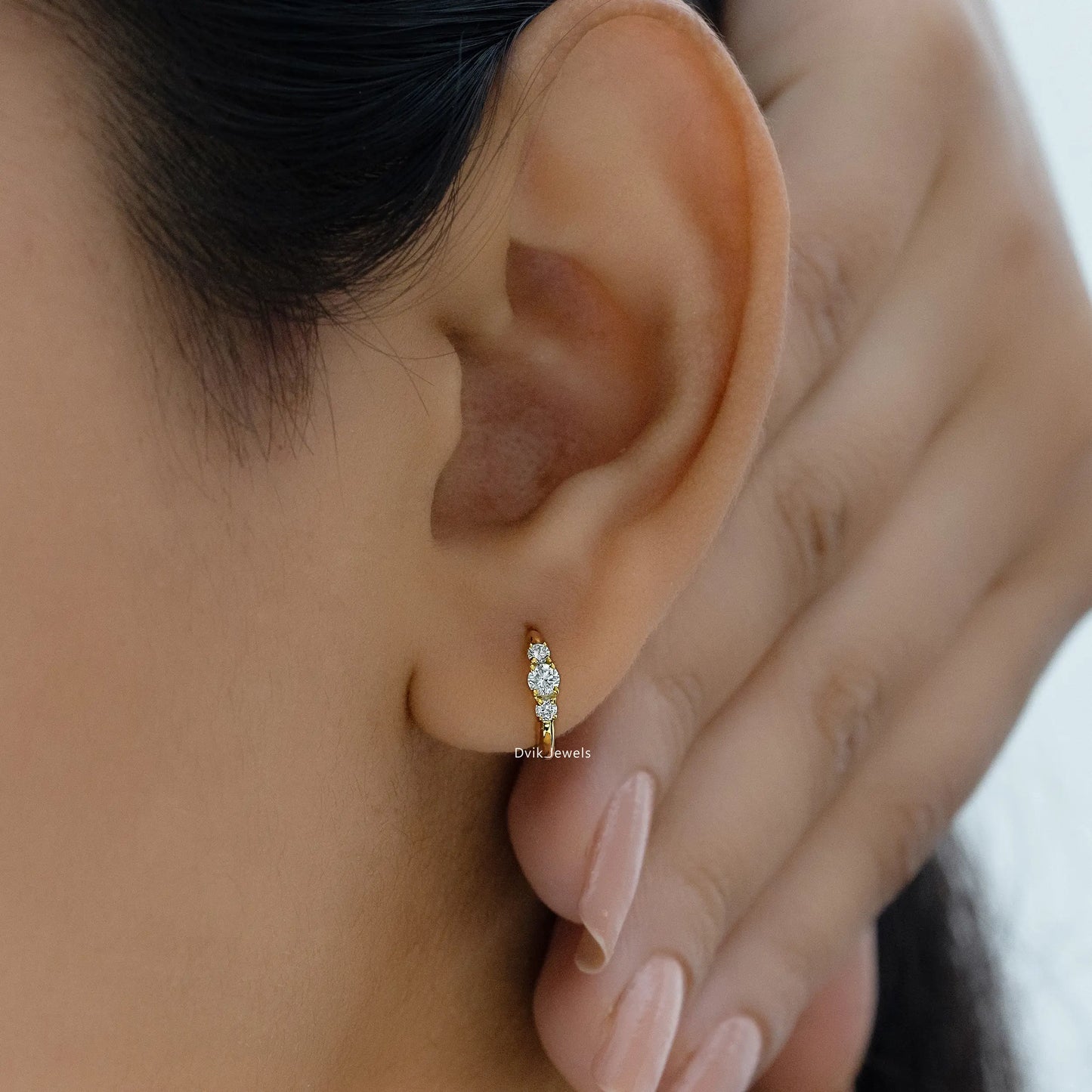 Three Stone Diamond Huggie Earrings Earrings
