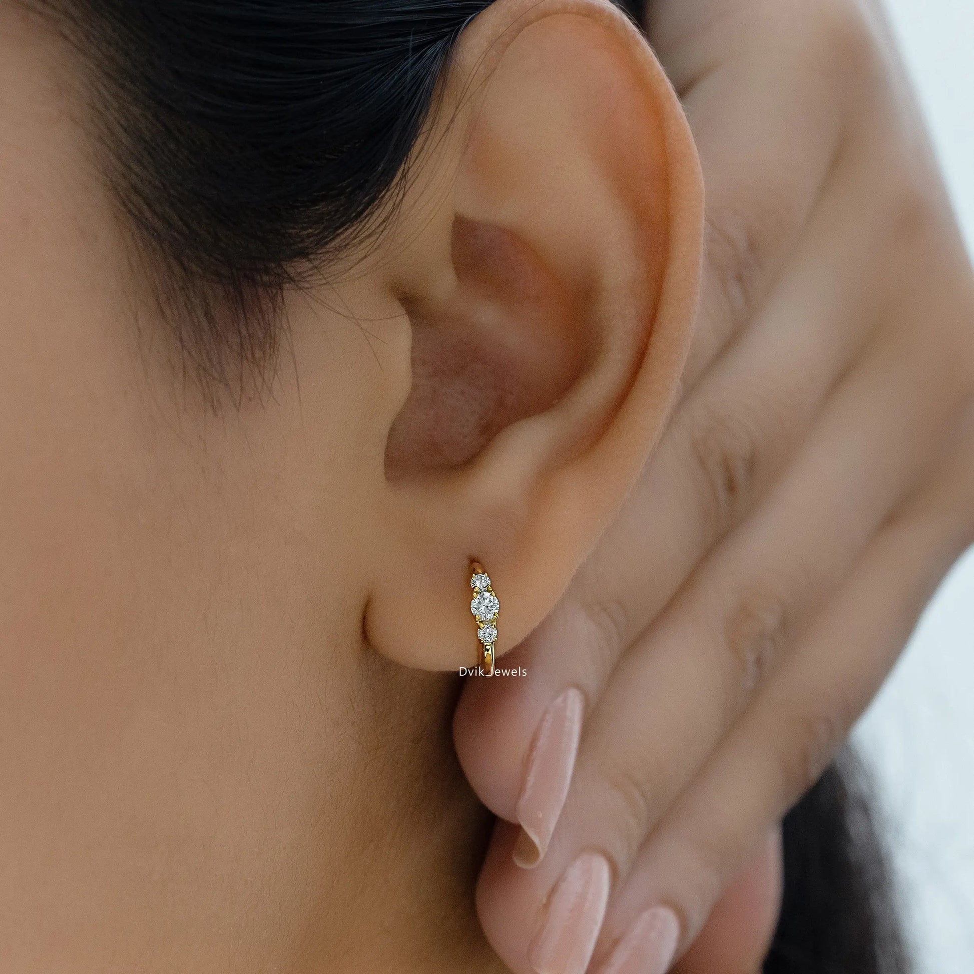Three Stone Diamond Huggie Earrings Earrings