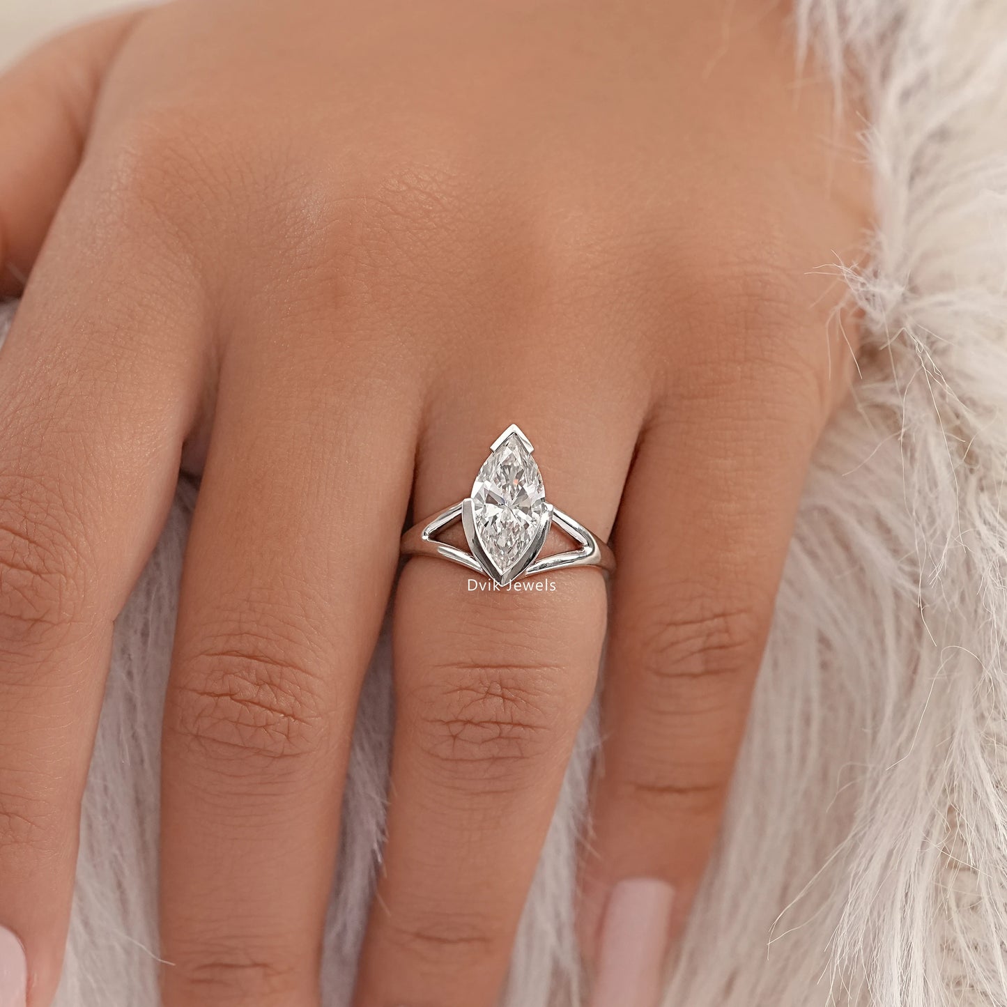 Split Marquise Lab Diamond Half Bezel Ring