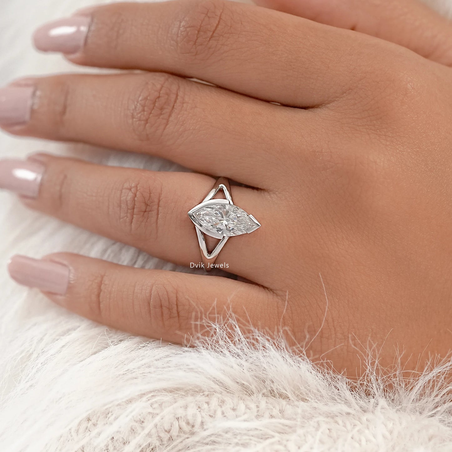 Split Marquise Lab Diamond Half Bezel Ring