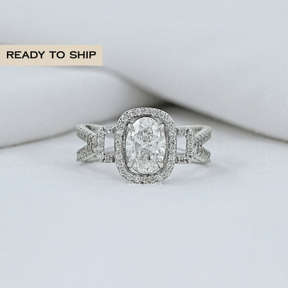 Split Shank Oval Cut Halo Engagement Ring