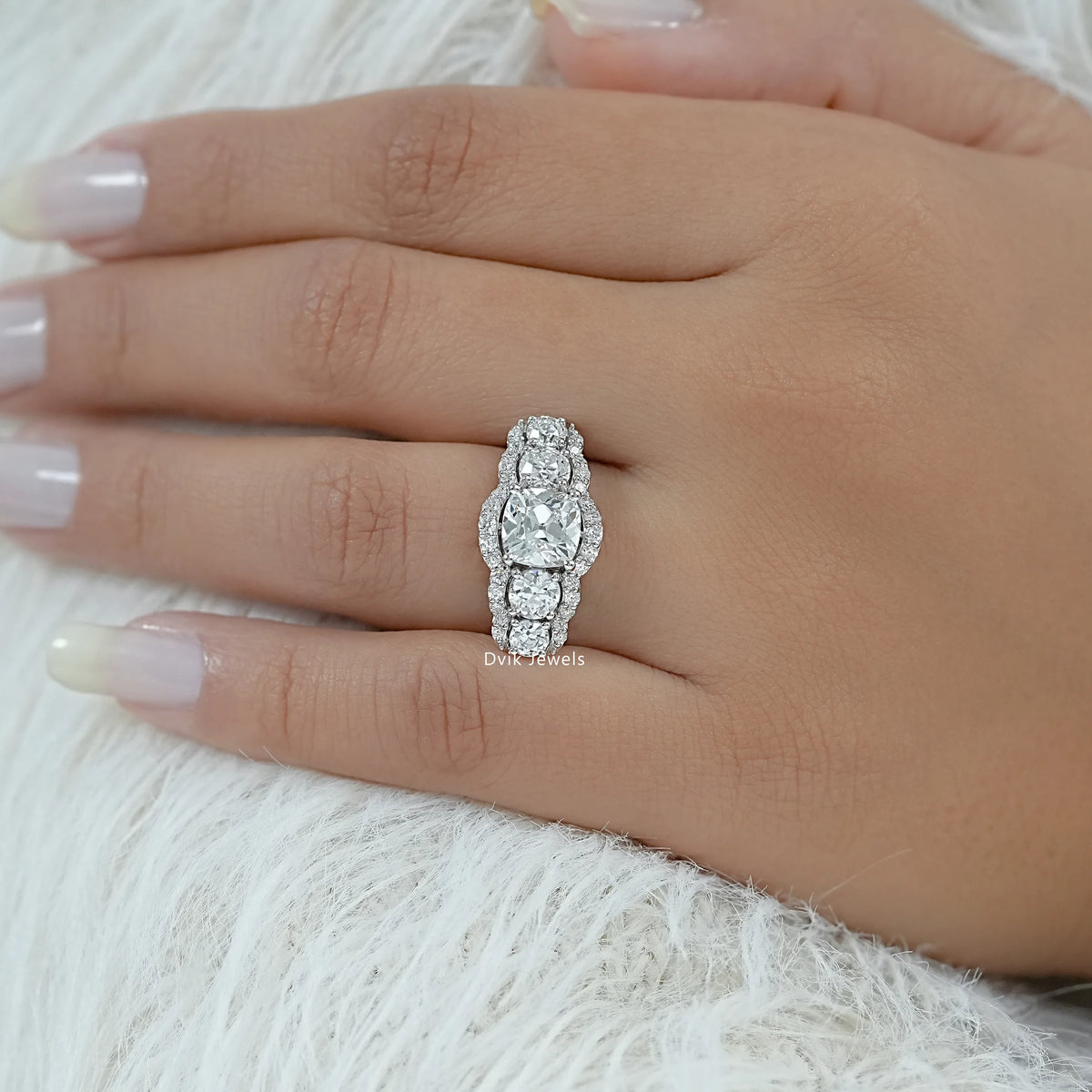 Square Old Mine Cushion Cut Five Stone Halo Ring Band