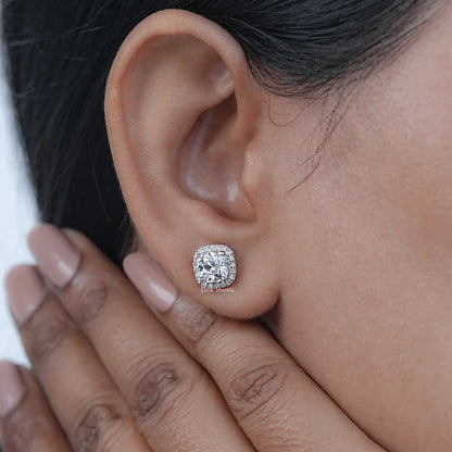 Square Old Mine Cushion Cut Halo Stud Earrings