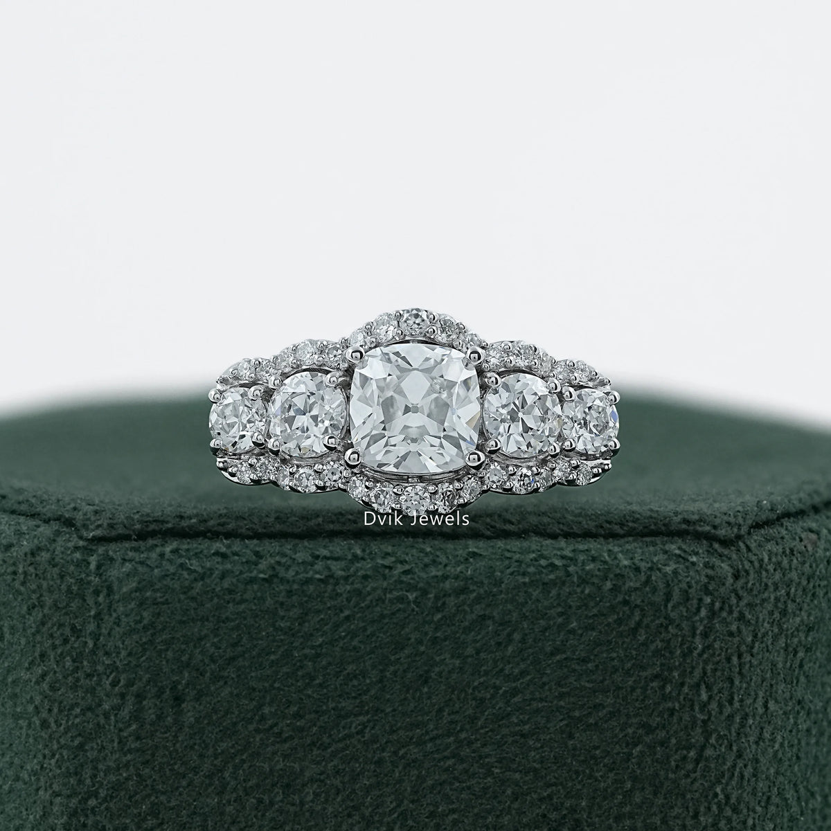 Square Old Mine Cushion Cut Five Stone Halo Ring Band