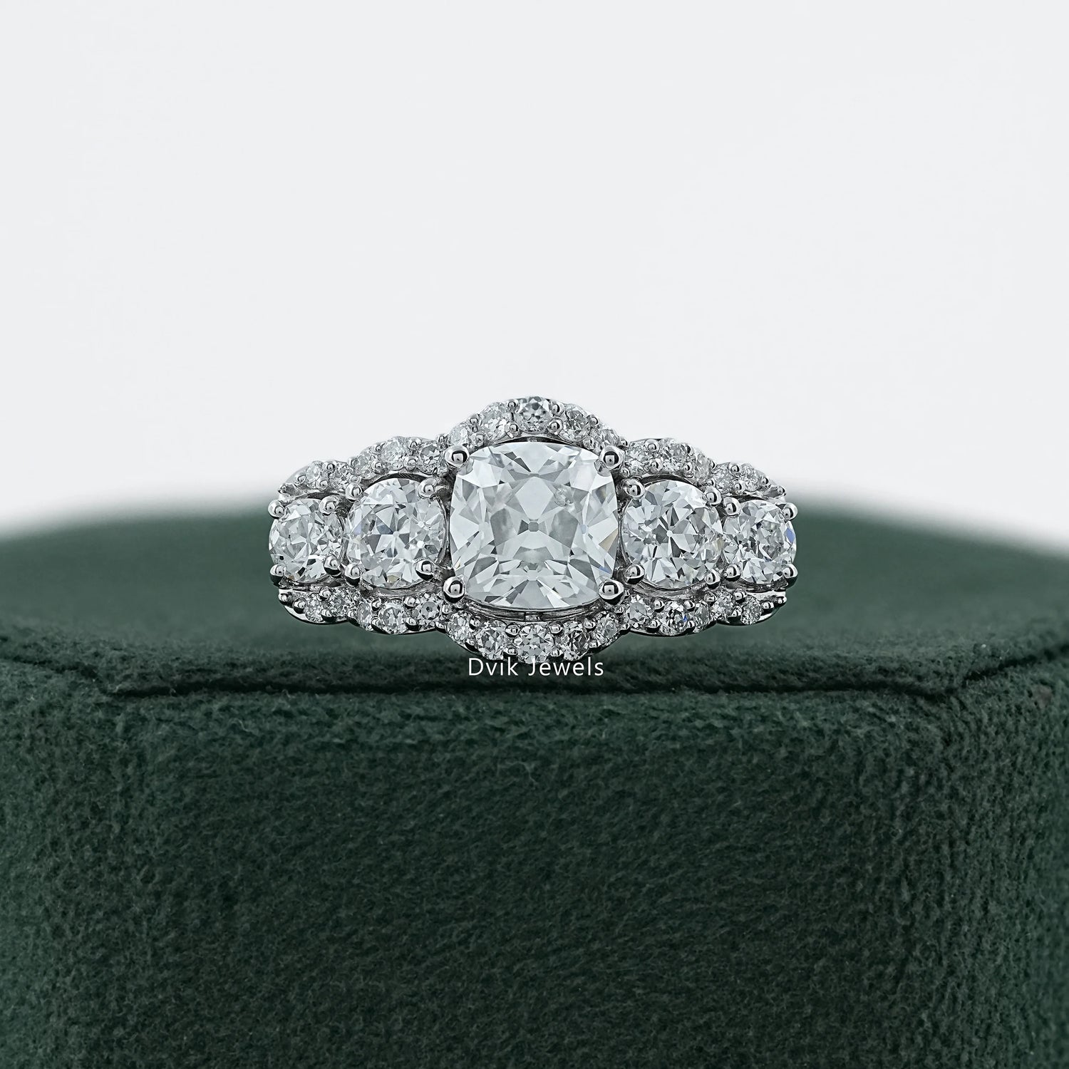Square Old Mine Cushion Cut Five Stone Halo Ring Band