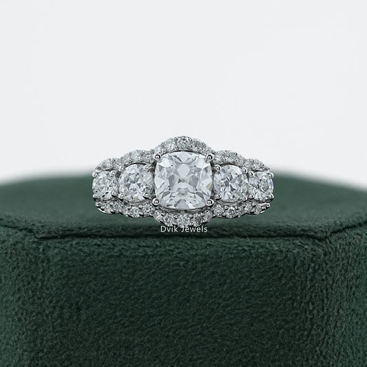 Square Old Mine Cushion Cut Five Stone Halo Ring Band