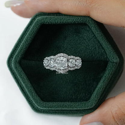 Square Old Mine Cushion Cut Five Stone Halo Ring Band
