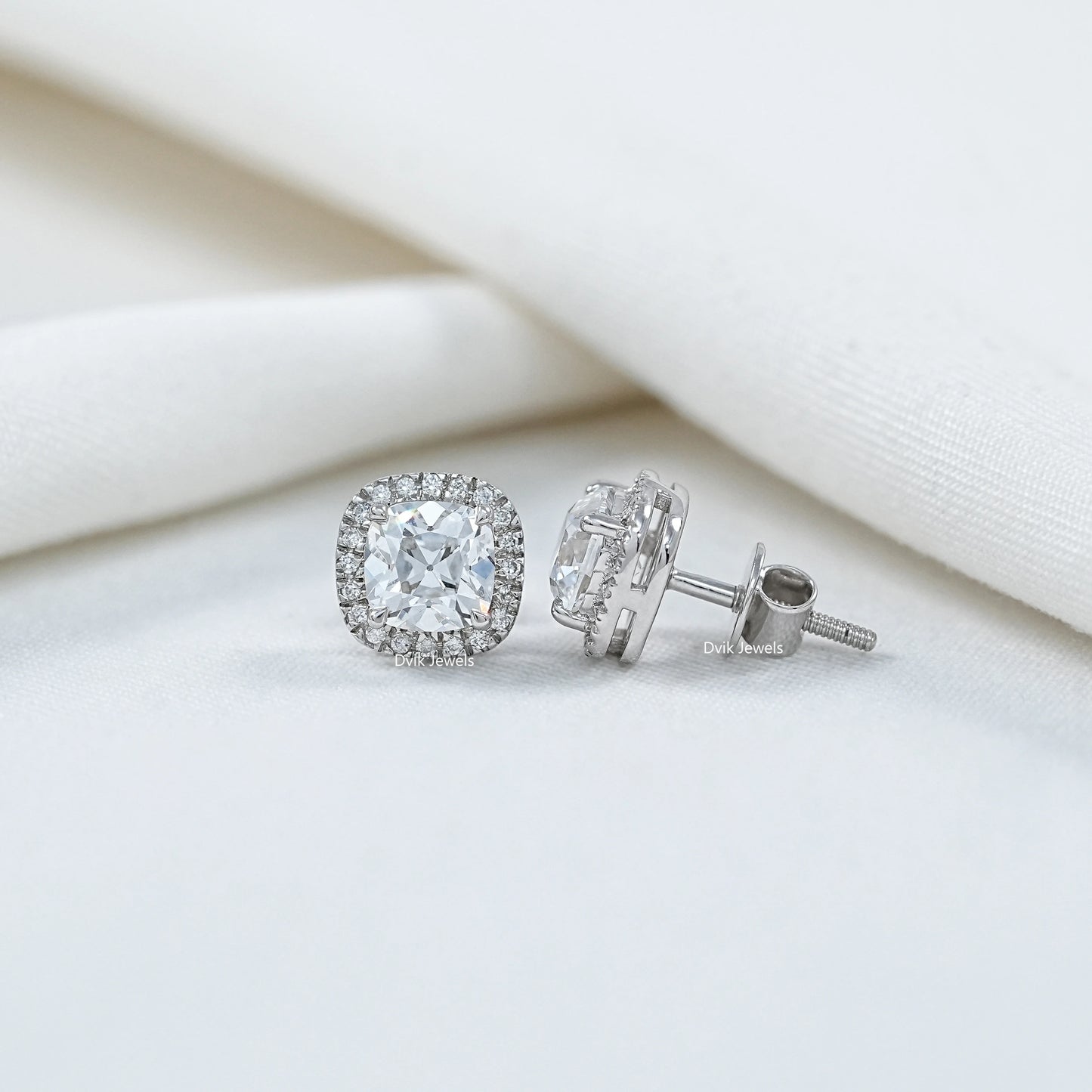 Square Old Mine Cushion Cut Halo Stud Earrings