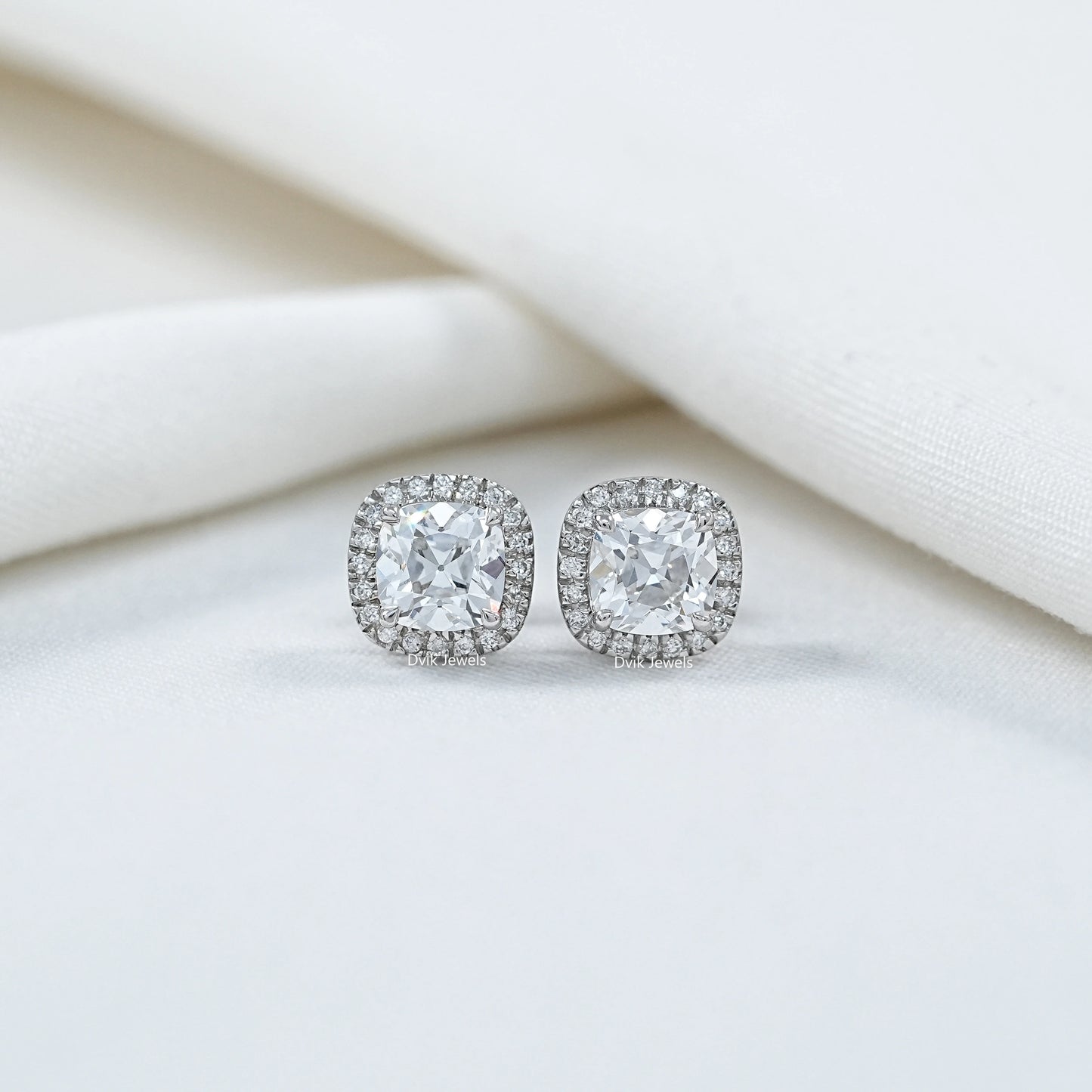 Square Old Mine Cushion Cut Halo Stud Earrings