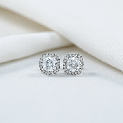 Square Old Mine Cushion Cut Halo Stud Earrings