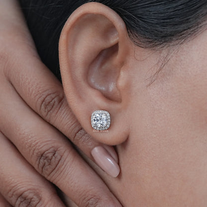 Square Old Mine Cushion Cut Halo Stud Earrings