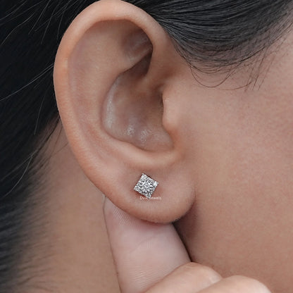 Square Shape Round Diamond Cluster Earrings