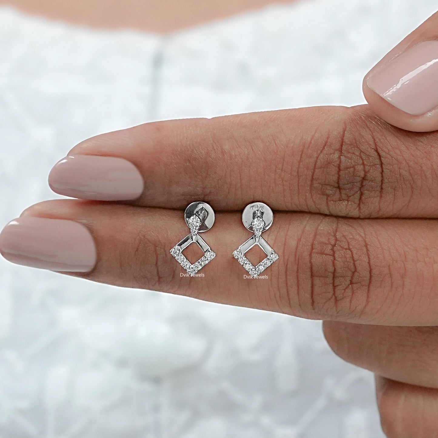 Square Shape Round Diamond Dangle Stud Earrings