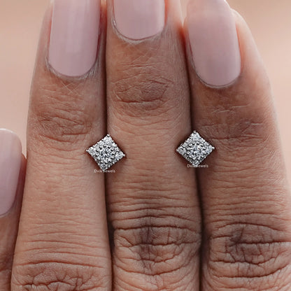 Square Shape Round Diamond Cluster Earrings