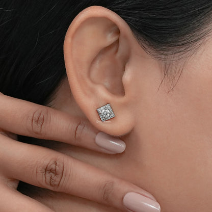 Square Shape Round Diamond Stud Earrings