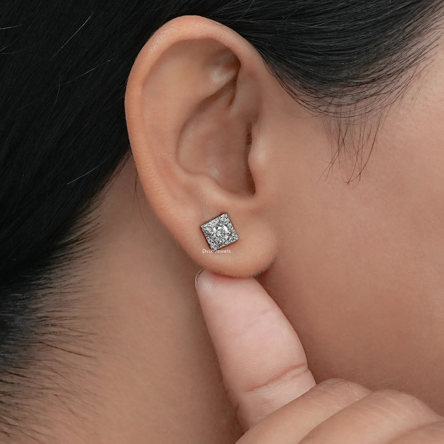 Square Shape Round Diamond Stud Earrings