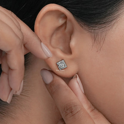 Square Shape Round Diamond Stud Earrings