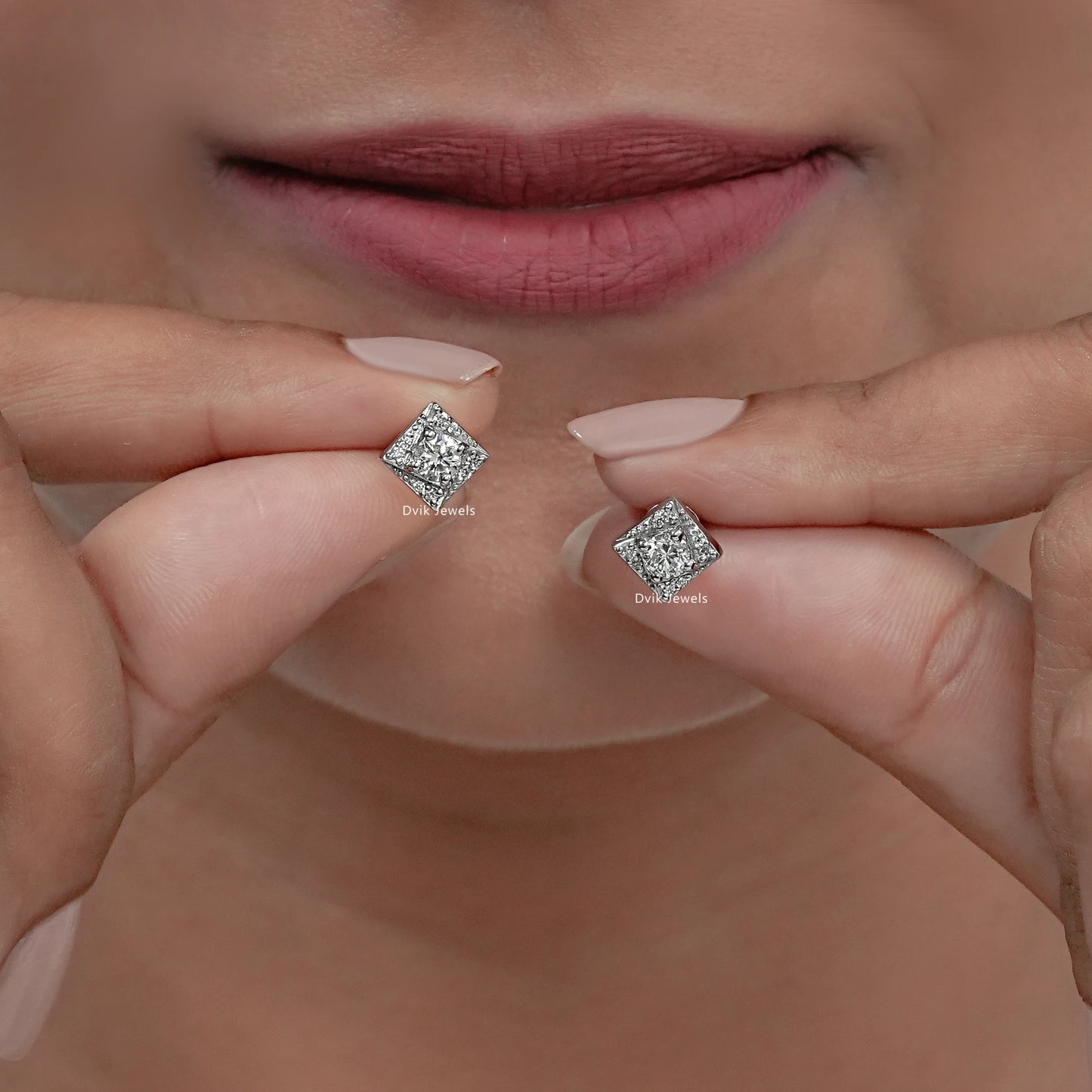 Square Shape Round Diamond Stud Earrings