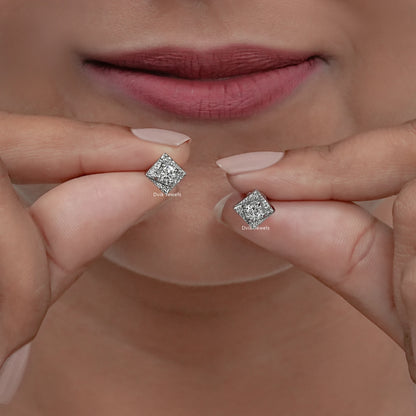 Square Shape Round Diamond Stud Earrings