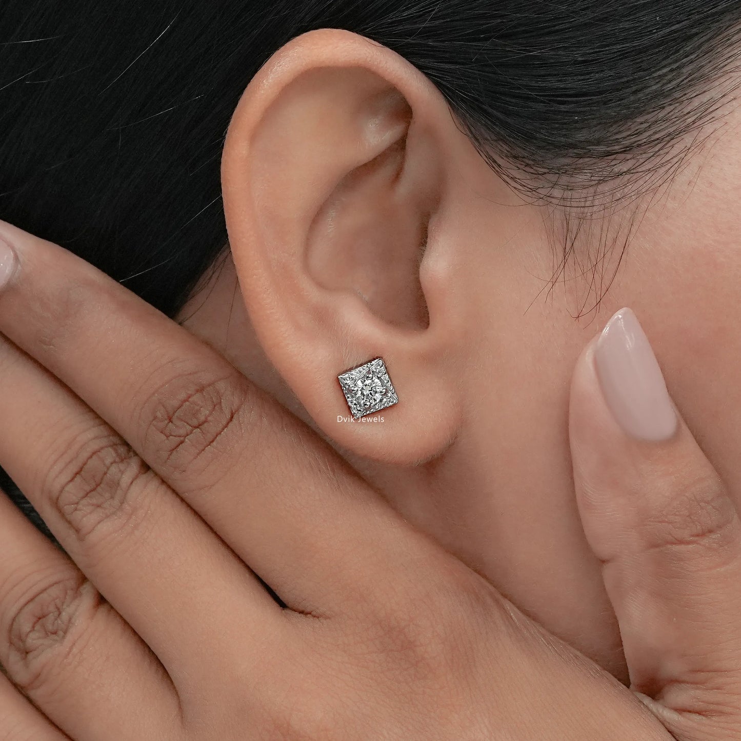 Square Shape Round Diamond Stud Earrings