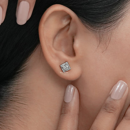 Square Shape Round Diamond Stud Earrings