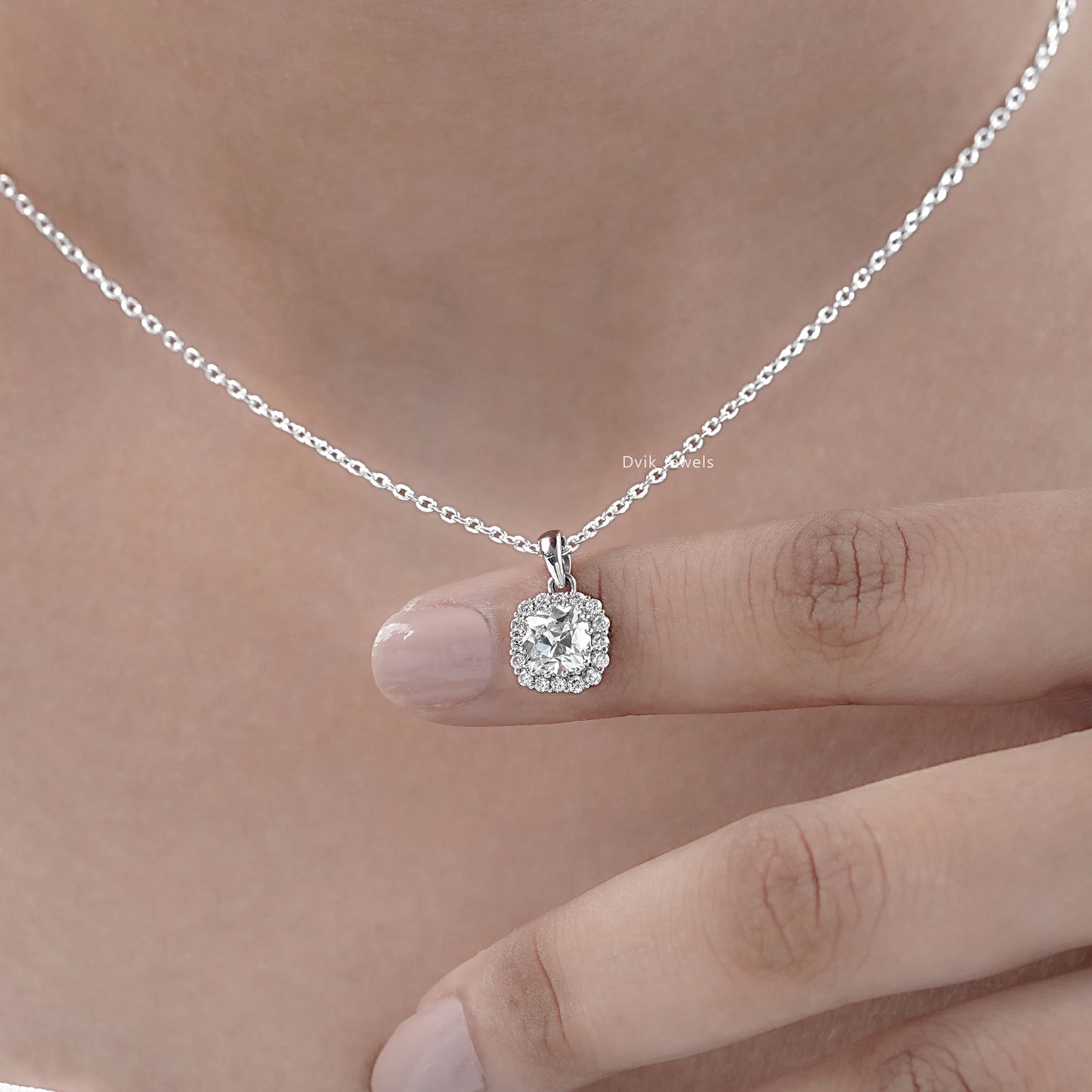 Square Old Mine Cushion Cut Halo Pendant