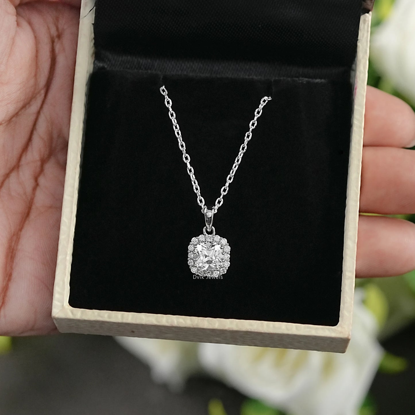 Square Old Mine Cushion Cut Halo Pendant