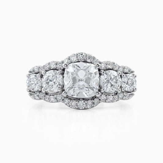 Square Old Mine Cushion Cut Five Stone Halo Ring