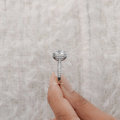 Round Cut Hidden Halo Engagement Ring with Pave Band