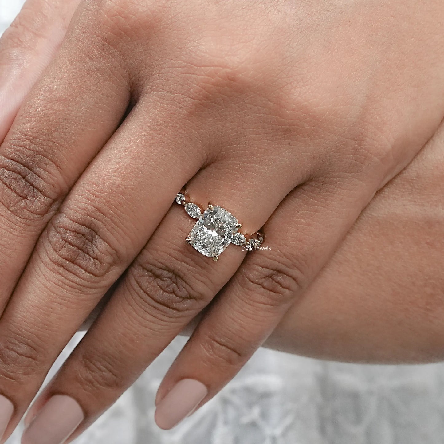 Solitaire Cushion And Marquise Diamond Accent Ring