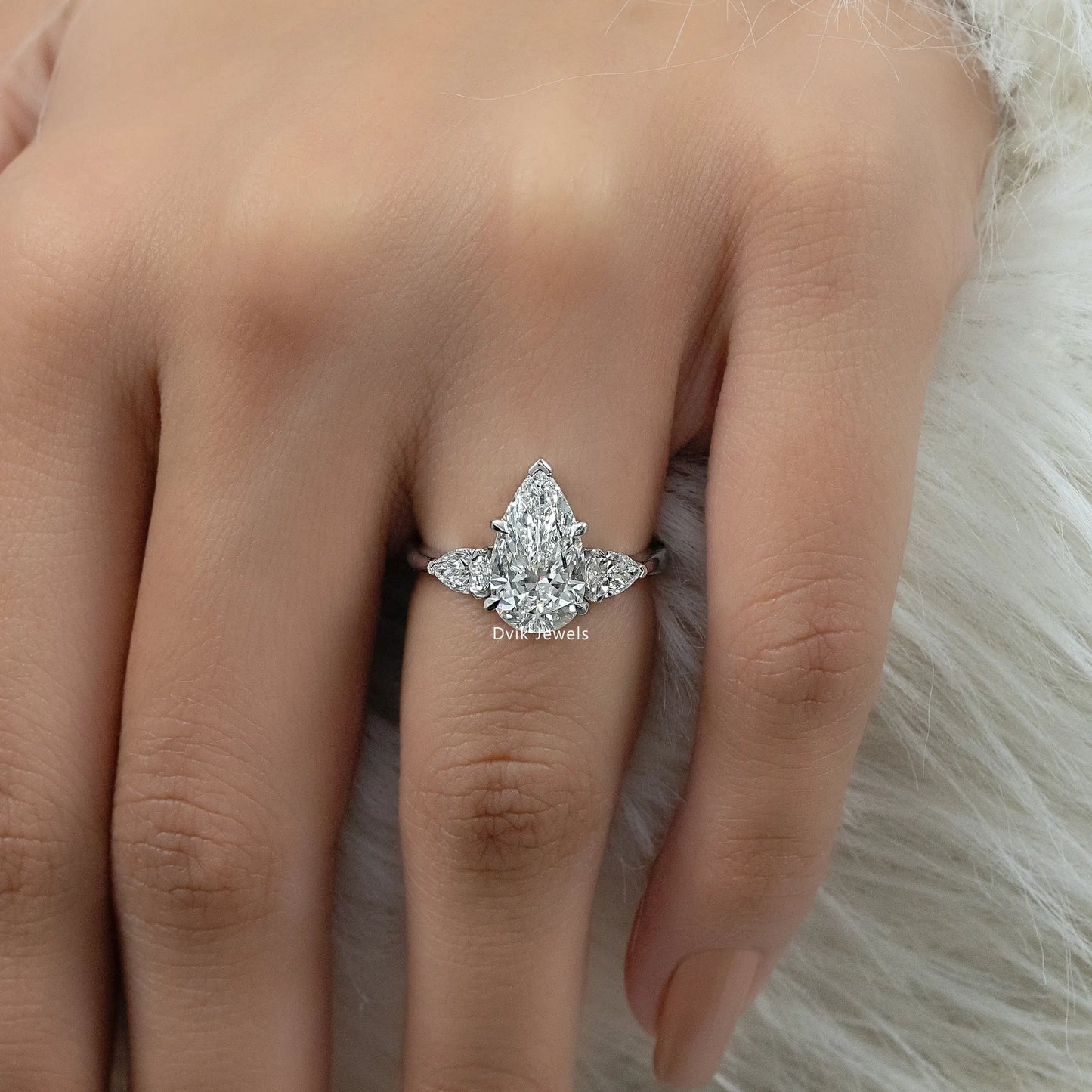 Three Stone Pear Cut Lab Diamond Engagement Ring Ring
